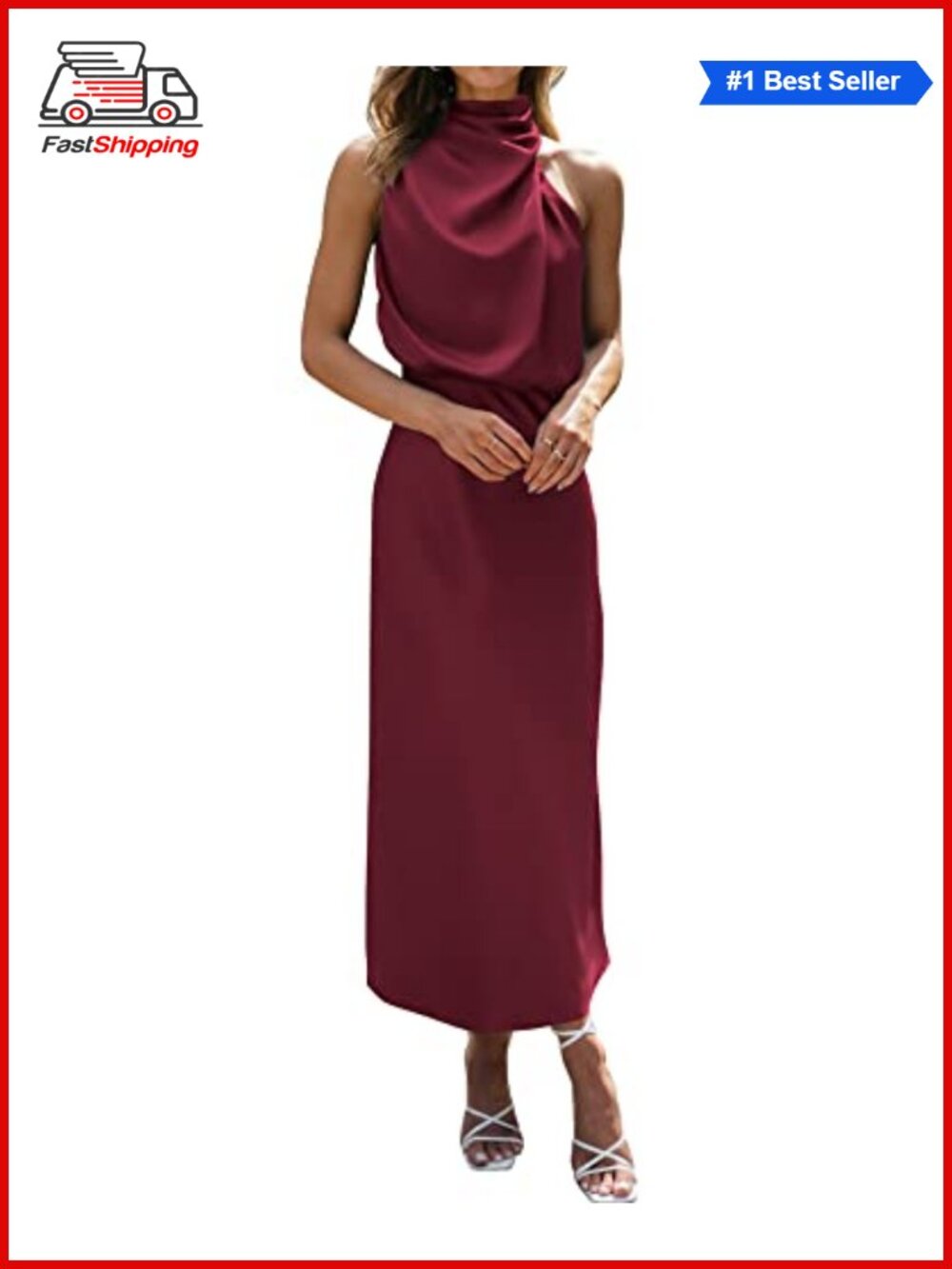 ✨ Satin Mock Neck Sleeveless Maxi Dress Cocktail Wedding Guest Formal